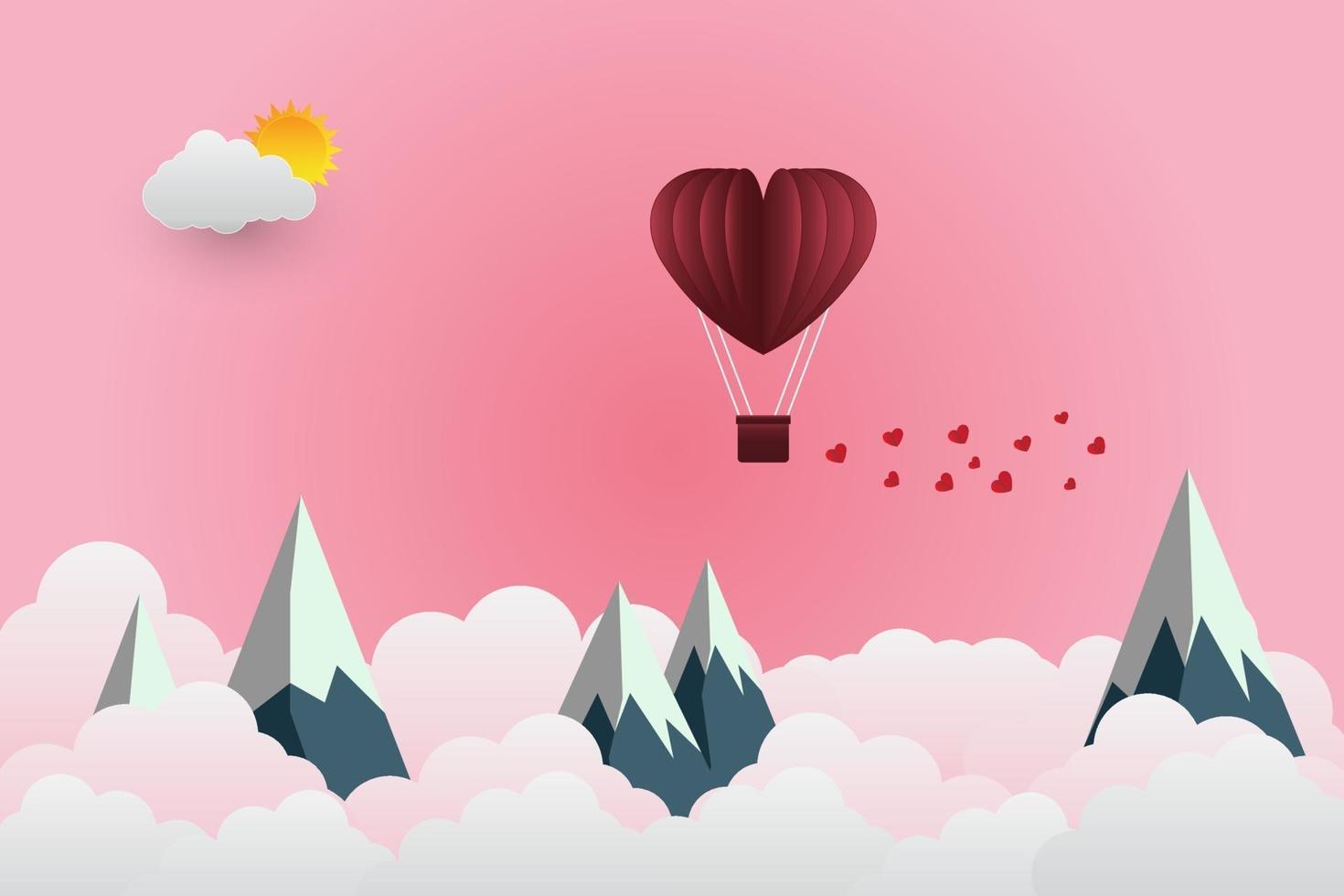 San Valentino palloncino a forma di cuore galleggiante nel cielo e belle montagne cloud.paper art.vector illustrazione vettore