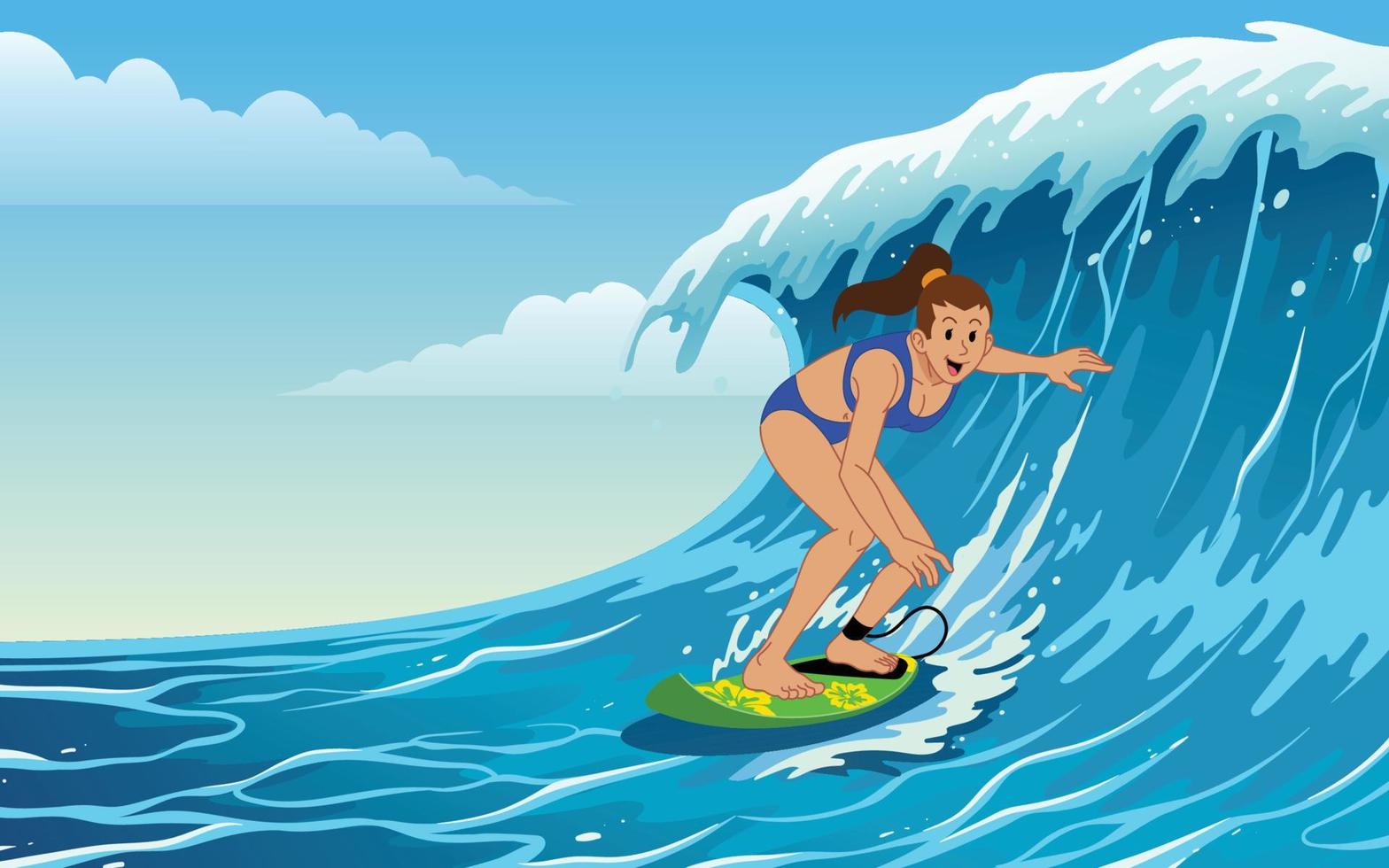 ragazza fare surf su il onde vettore