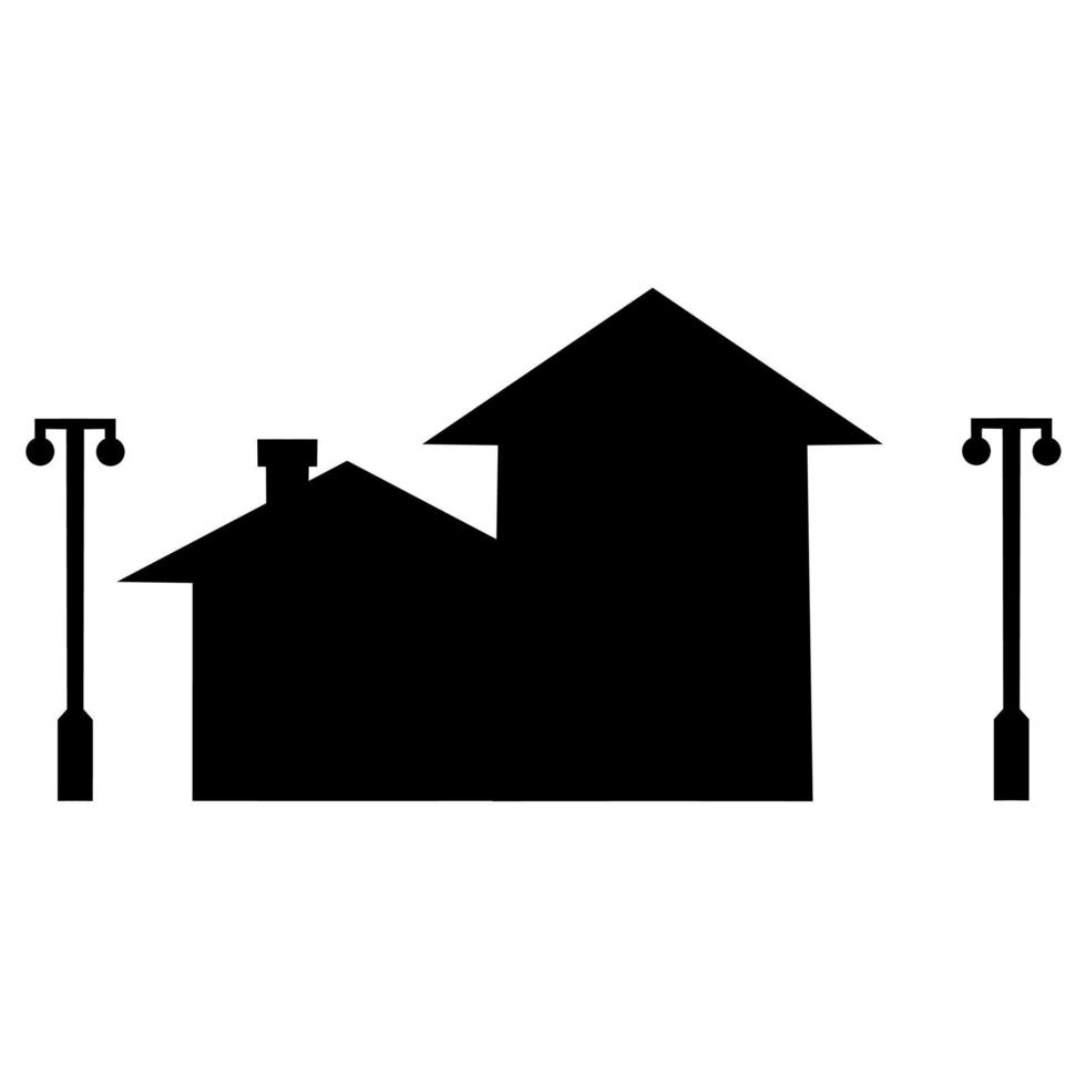 nero silhouette di un' Casa con un' strada lampada inviare. città Visualizza, tetti e camini, vettore icona su bianca sfondo