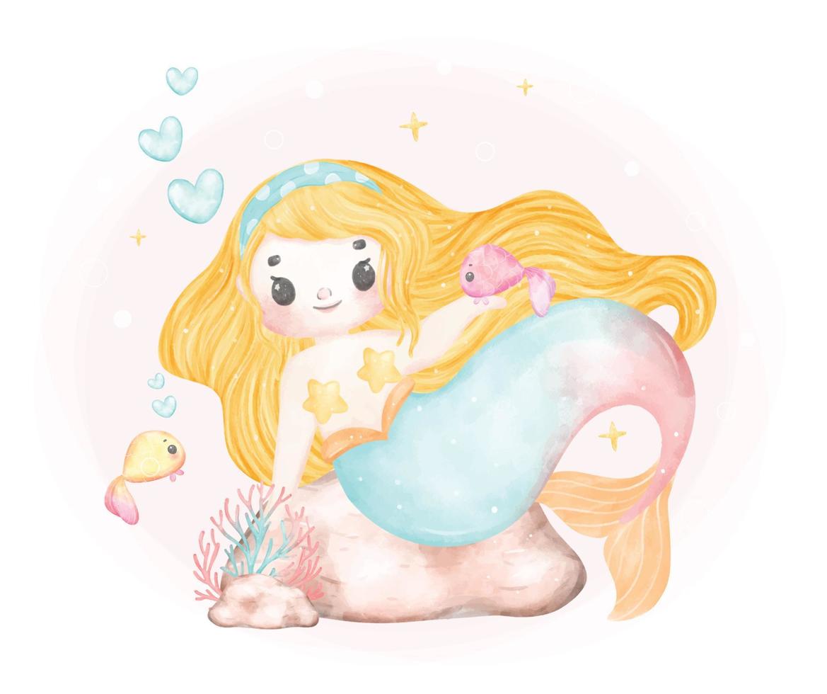 carino dolce colorato pastello acquerello contento gioioso poco sirena con Pesci gli amici, capriccioso adorabile bambini cartone animato personaggio mano pittura illustrazione vettore