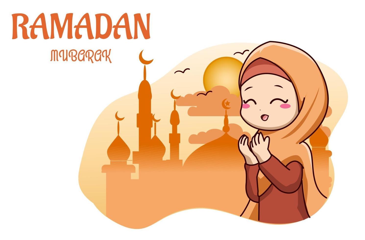 carino ragazza musulmana prega nella moschea ramadan kareem cartoon illustrazione vettore