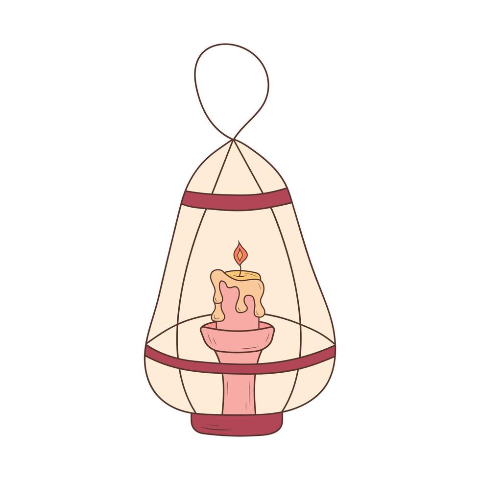 accogliente Vintage ▾ lampada con un' ardente candela e fluente cera. vecchio pendente lampada. mano disegnato illustrazione nel scarabocchio stile. vettore