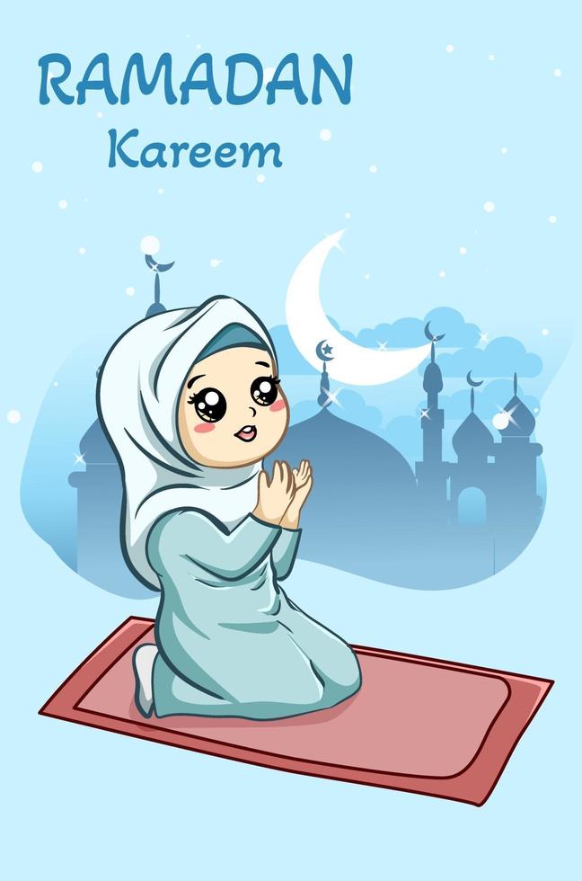 piccola ragazza musulmana che prega all & # 39; illustrazione del fumetto del ramadan kareem vettore