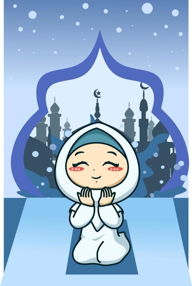 ragazza musulmana che prega all & # 39; illustrazione del fumetto del ramadan kareem vettore