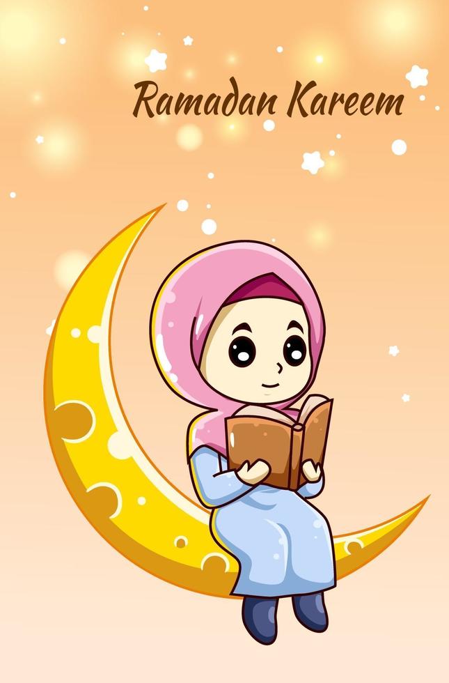 ragazza musulmana carina e felice sulla luna che legge un libro all'illustrazione del fumetto di ramadan kareem vettore