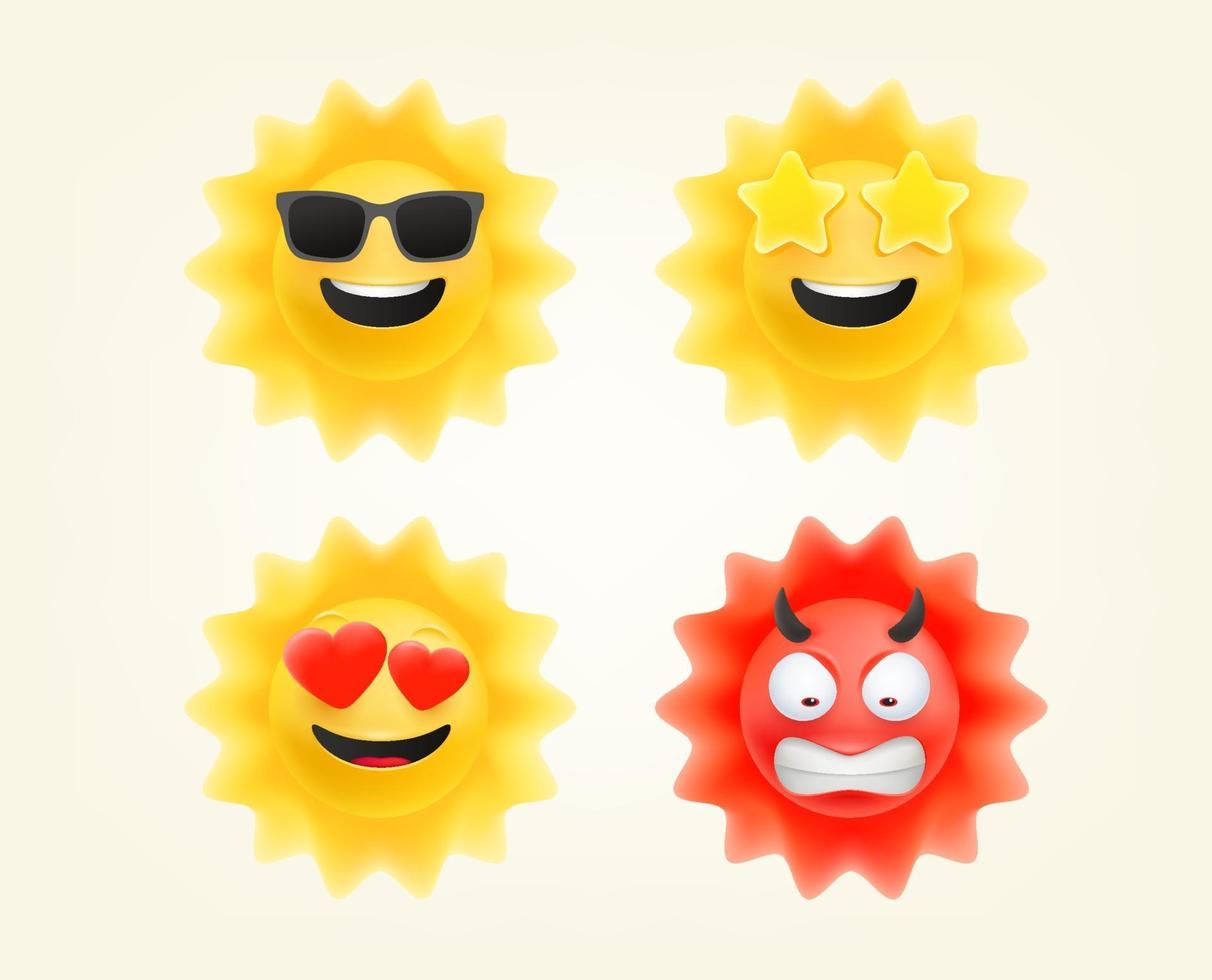 set di emoticon sole estivo. raccolta di vettore di emoji del sole