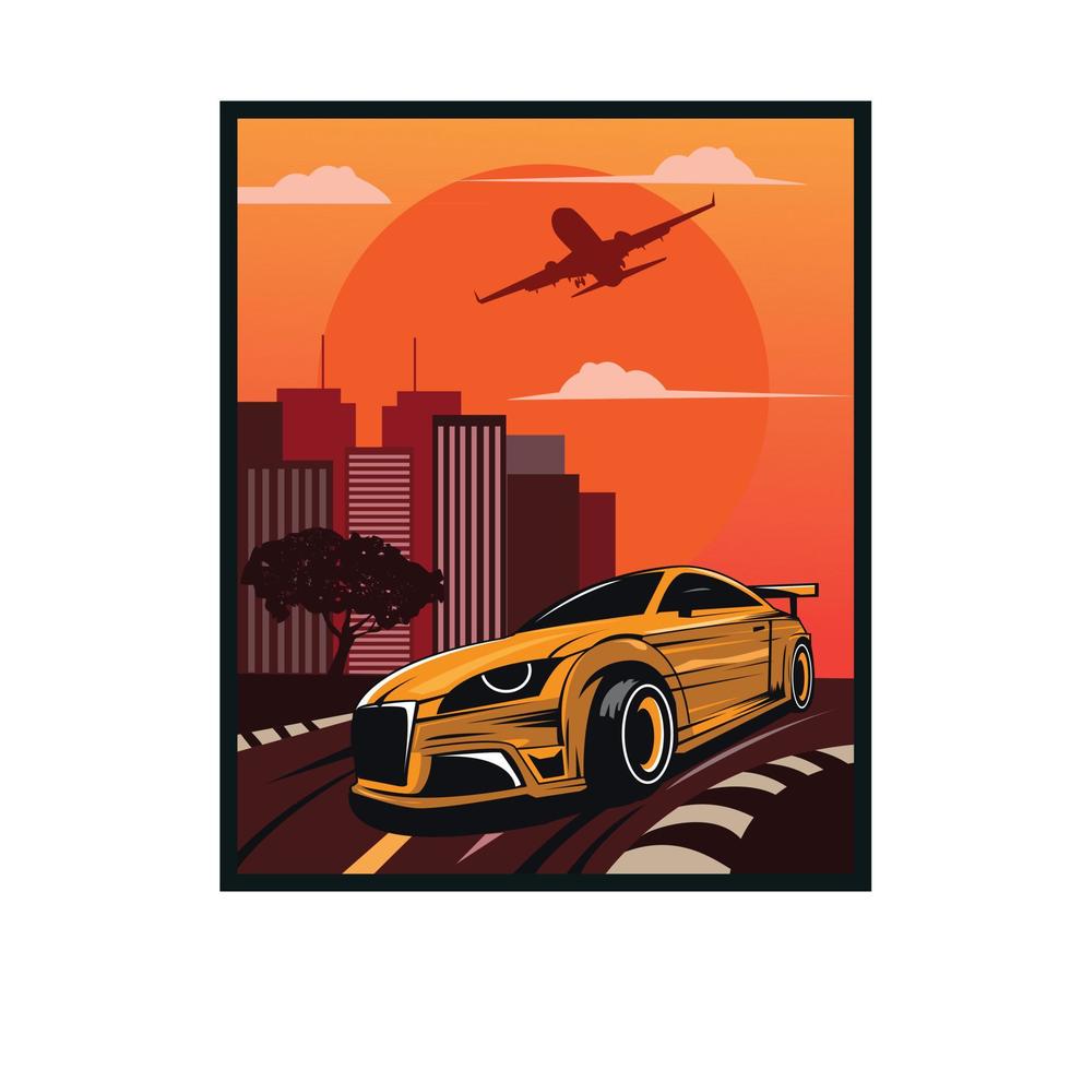 un illustrazione, giallo auto su il città vettore