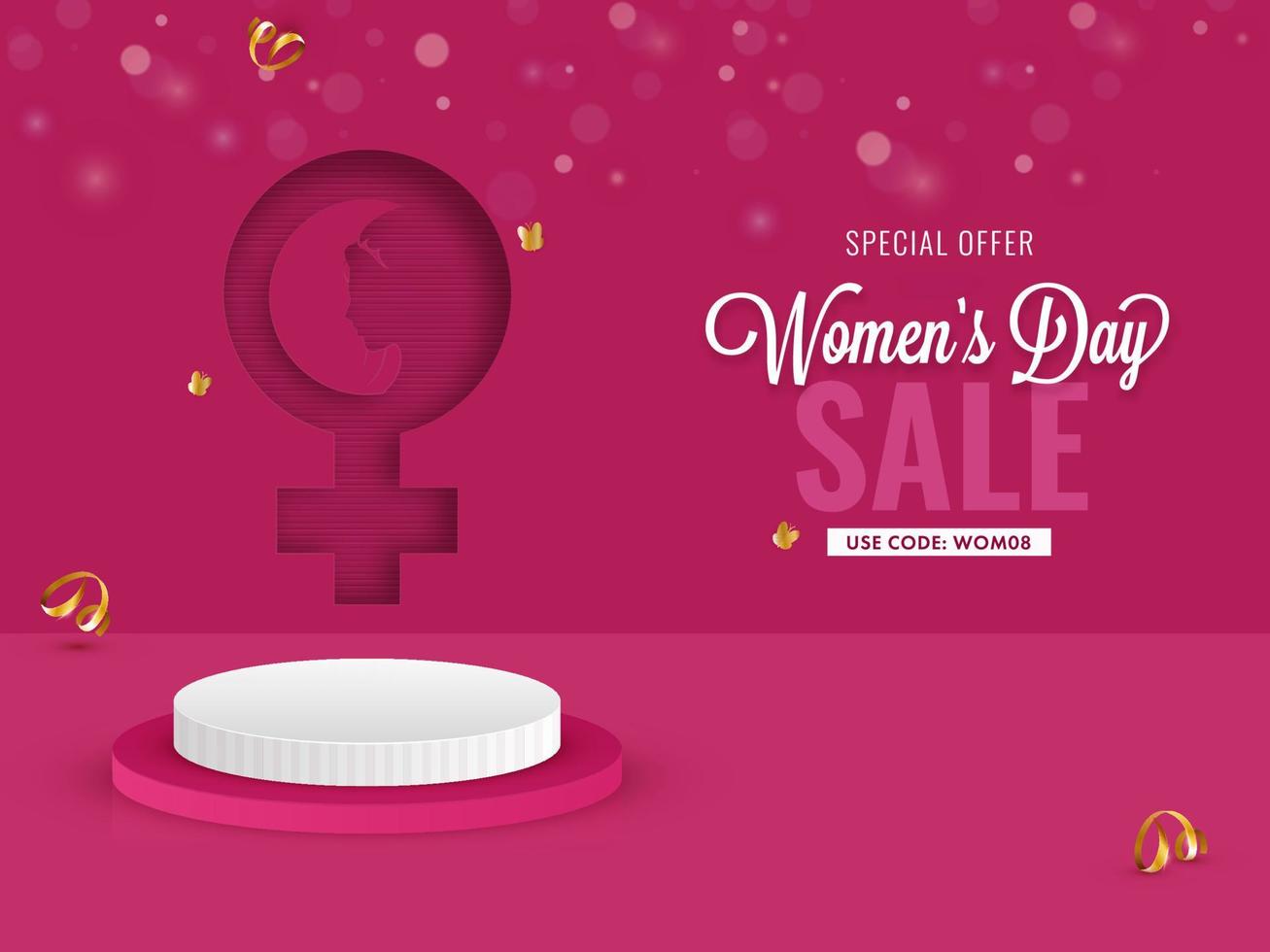Da donna giorno vendita manifesto design con 3d vuoto podio su rosa carta Venere simbolo sfondo. vettore