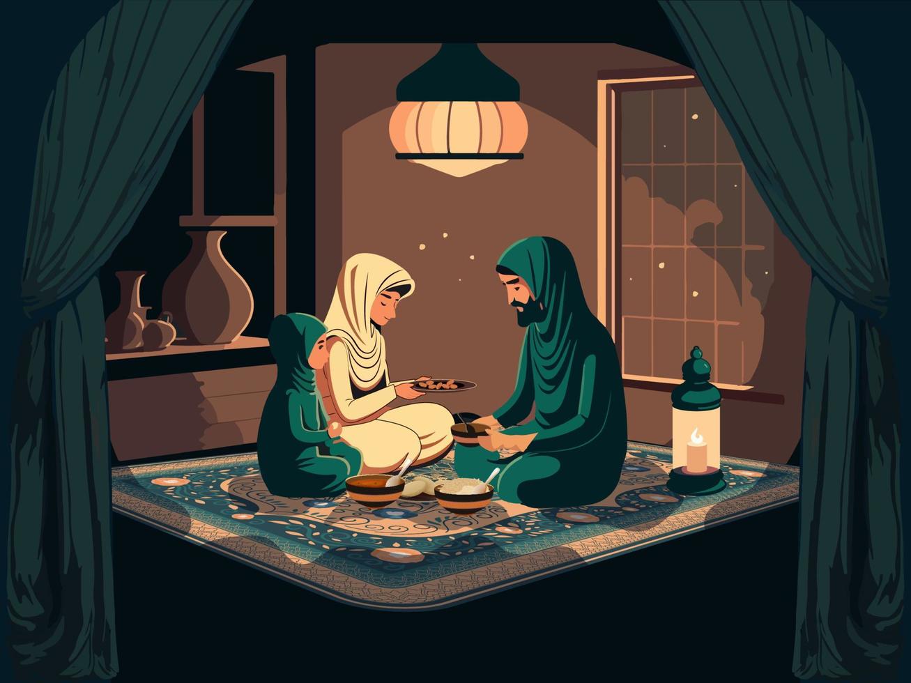 arabo famiglia personaggio mangiare delizioso pasti insieme su tappeto e illuminato lampade a casa. islamico religioso concetto. vettore