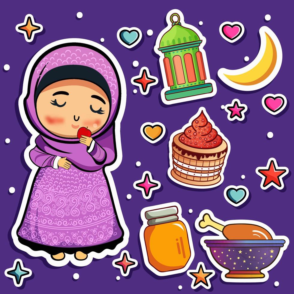 etichetta stile carino musulmano ragazza personaggio mangiare Mela con festival elemento decorativo viola sfondo per Ramadan o eid concetto. vettore