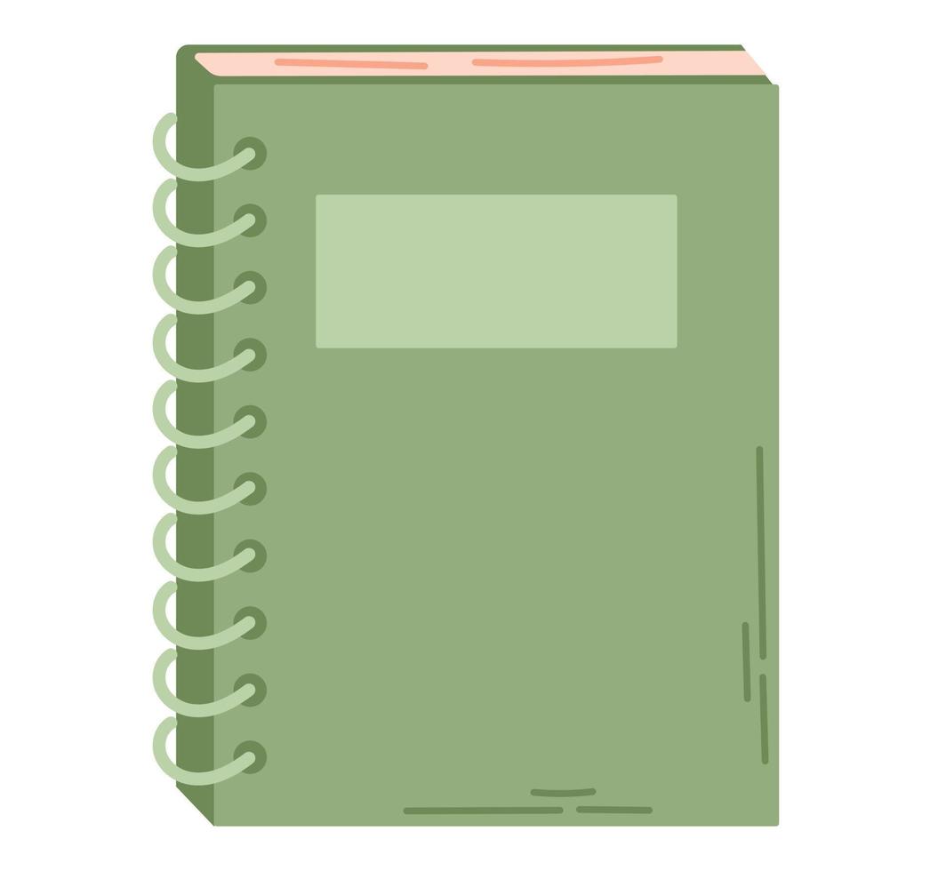 piatto verde libro o diario progettista su squillare raccoglitore. cartone animato isolato vettore taccuino.