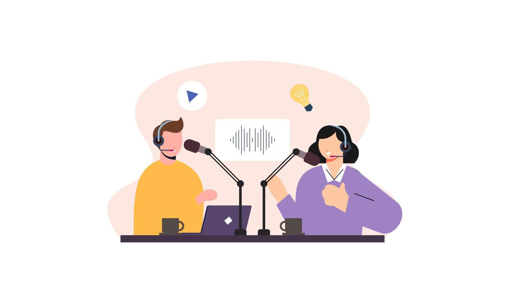 Podcast concetto. illustrazione di podcasting. podcaster A proposito di nel microfono illustrazione vettore