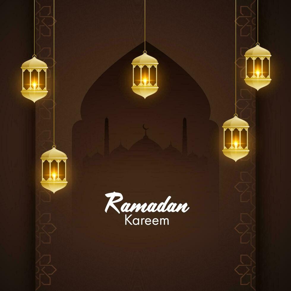 io esso candele dentro Arabo d'oro lanterne, e moschea silhouette su Marrone sfondo per islamico santo mese di Ramadan kareem occasione. vettore