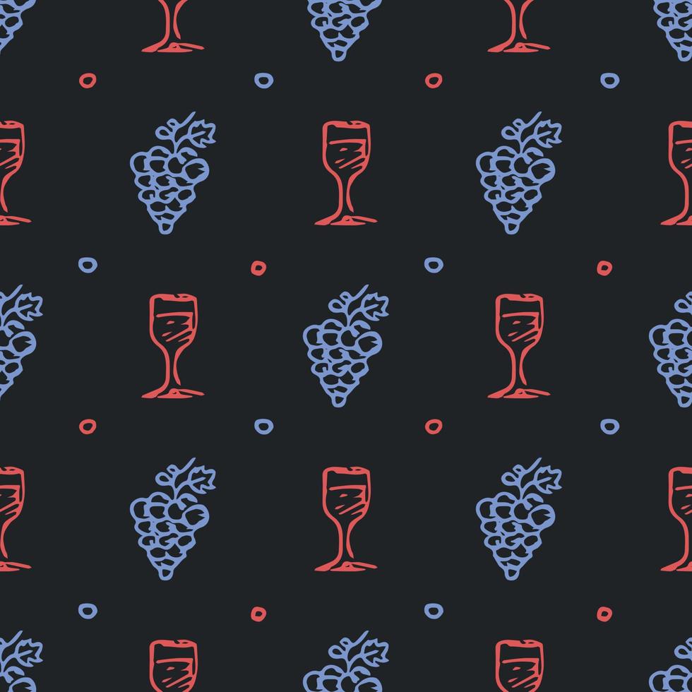 modello di vino senza soluzione di continuità. illustrazione di doodle di vettore con vino e uva. modello con vino