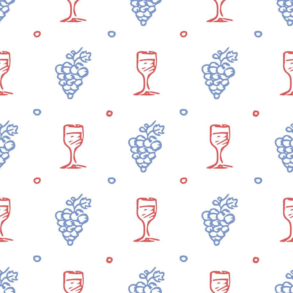 modello di vino senza soluzione di continuità. illustrazione di doodle di vettore con vino e uva. modello con vino