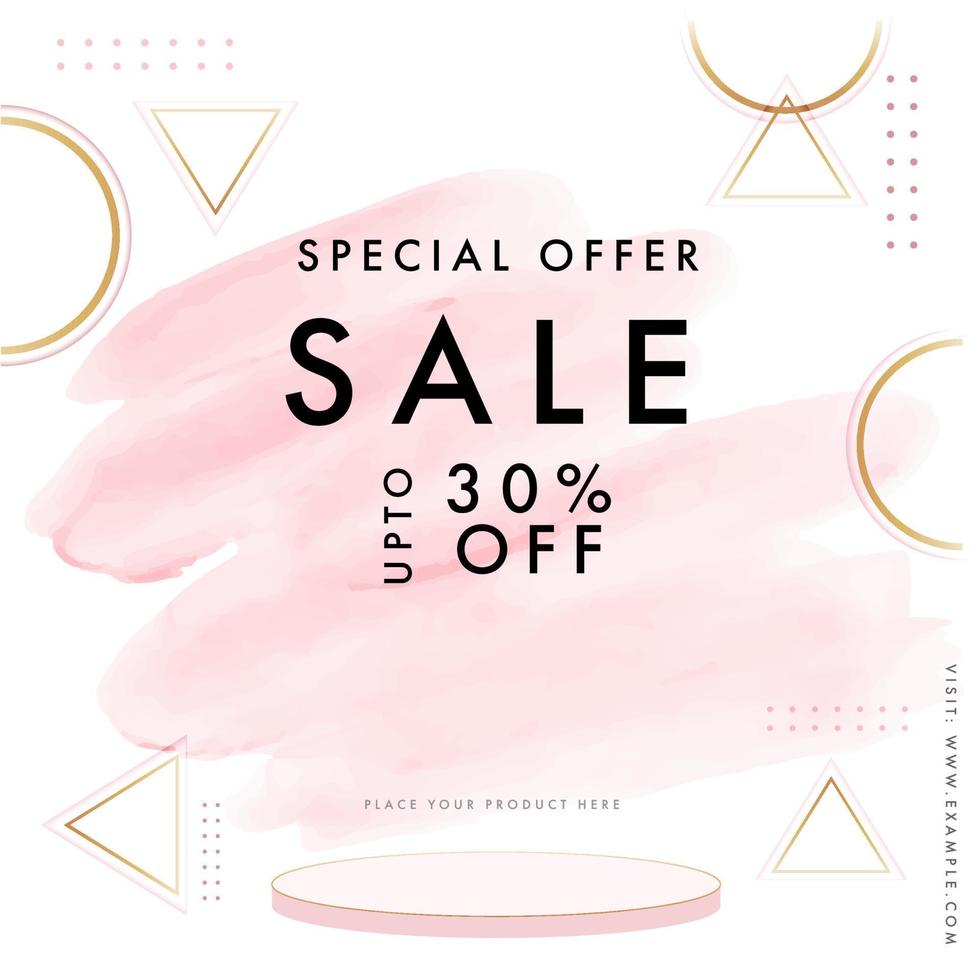 speciale offrire vendita manifesto design con sconto offrire e d'oro geometrico elementi su rosa acquerello spazzola effetto sfondo. vettore