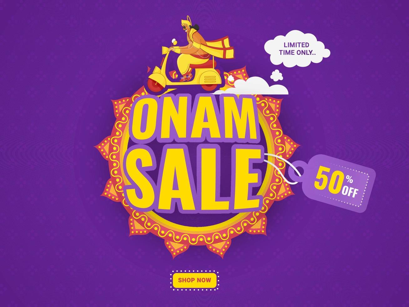 etichetta stile onam vendita con sconto etichetta e re mahabali equitazione scooter su mandala telaio viola sfondo. vettore