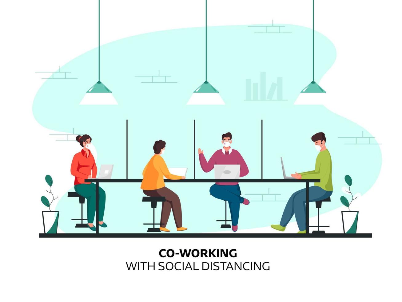 coworking persone discutere a posto di lavoro mentre mantenere distanza con indossare protettivo maschera per impedire a partire dal coronavirus. vettore