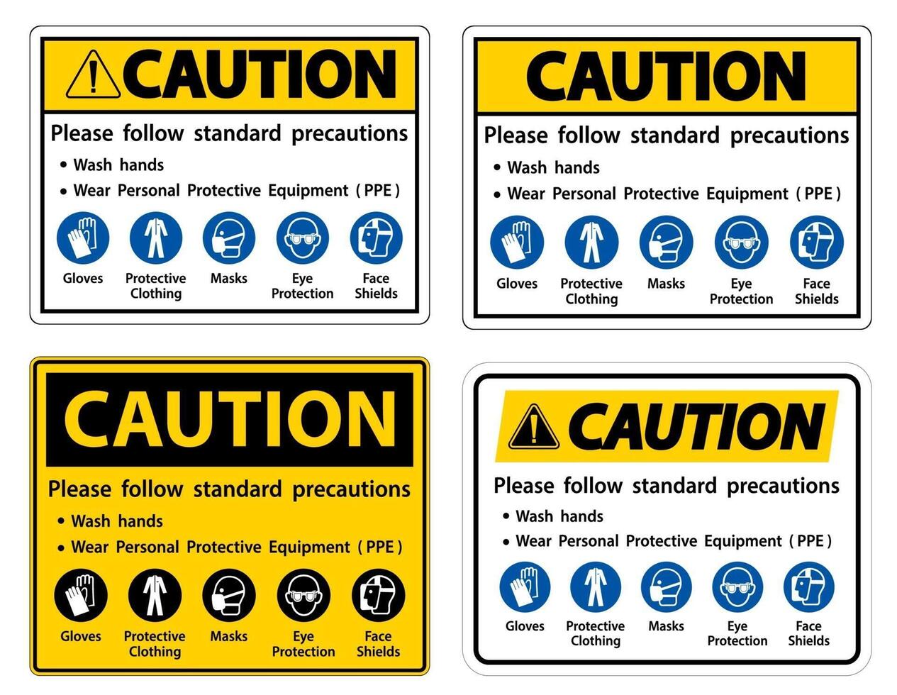 attenzione si prega di seguire le precauzioni standard, lavarsi le mani, indossare dispositivi di protezione individuale DPI, guanti indumenti protettivi maschere protezione degli occhi schermo facciale vettore