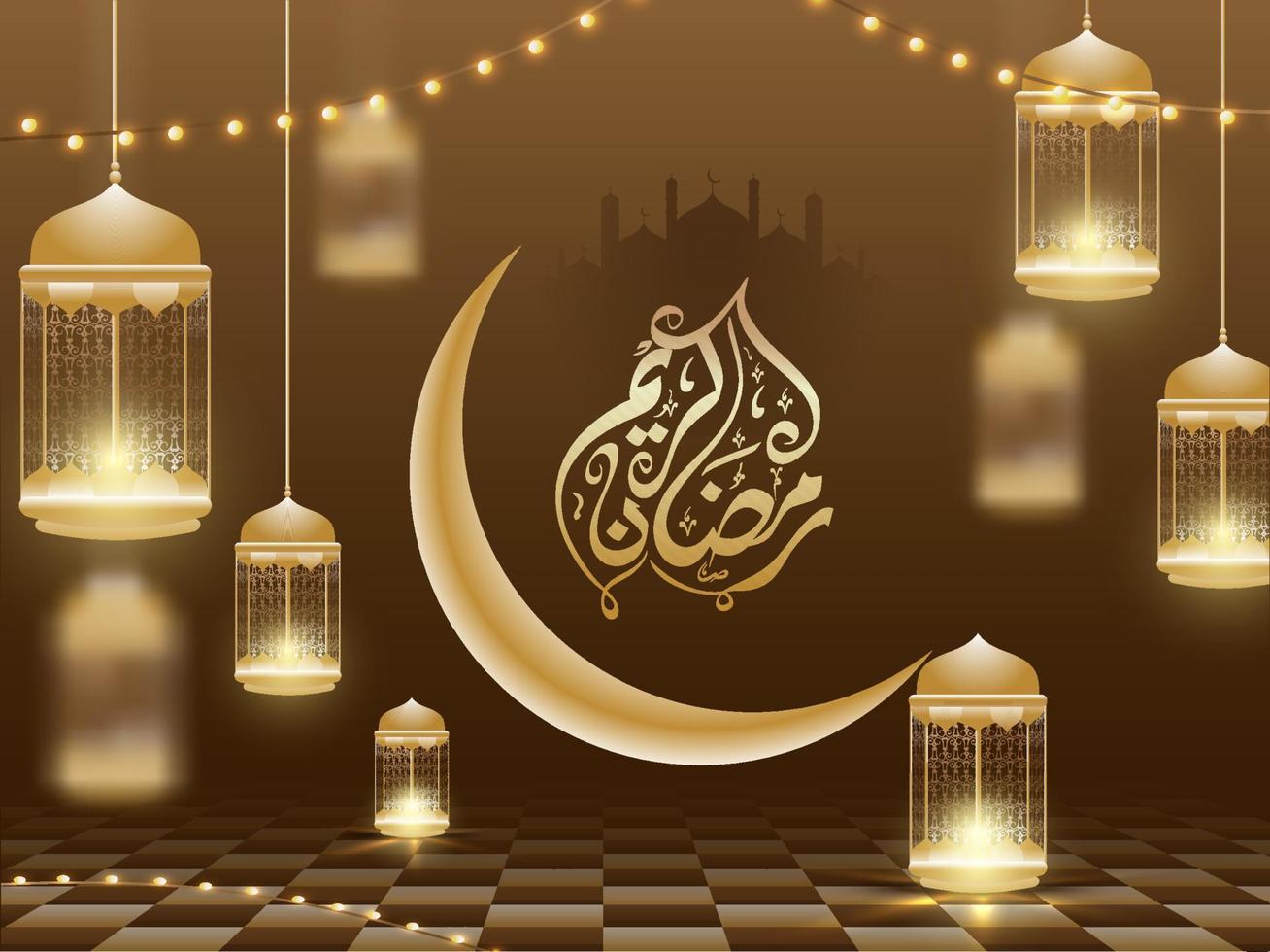 Arabo islamico calligrafico testo Ramadan kareem, mezzaluna Luna e sospeso illuminato Arabo lanterna su Marrone sfondo. islamico santo mese di preghiere concetto. vettore