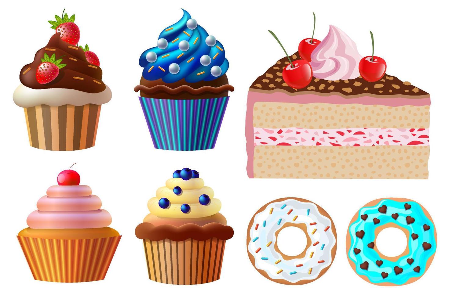 torte, cupcakes, ciambelle illustrazioni collezione. dolci, dolce disegni, dolci colorato illustrazioni. vettore