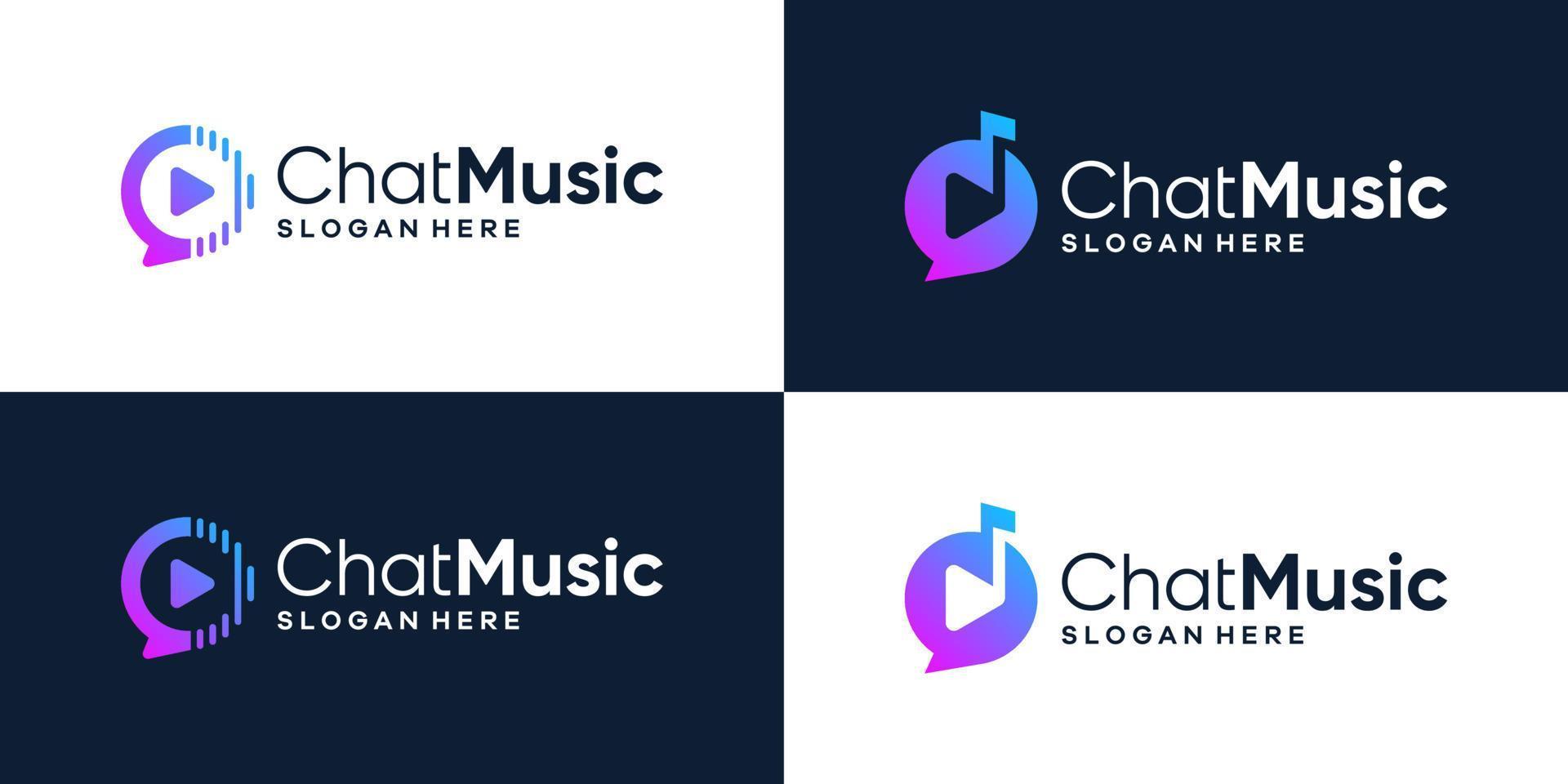 collezione di Chiacchierare logo design con giocare video pulsante e Nota musica grafico design vettore illustrazione. simbolo in linea musica, icona, creativo.