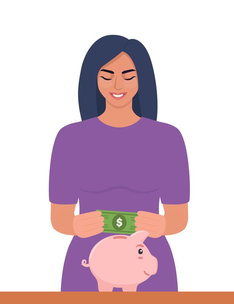 giovane donna mettendo un' dollaro conto in un' porcellino banca. i soldi Salvataggio, economia concetto. profitto, reddito, guadagni, bilancio, finanziare. vecor illustrazione. vettore