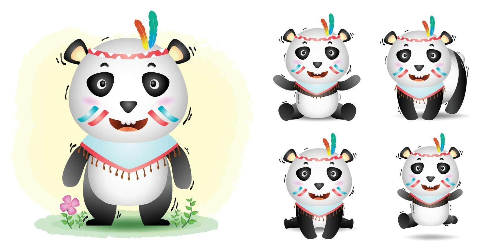 simpatica collezione di panda con costume da apache vettore