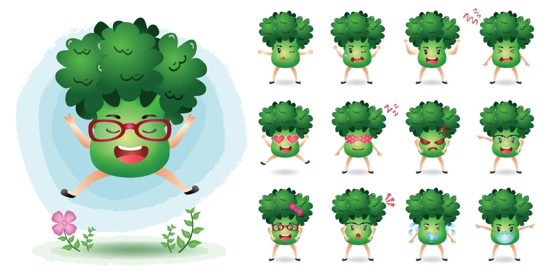 simpatica collezione di set di caratteri mascotte broccoli vettore