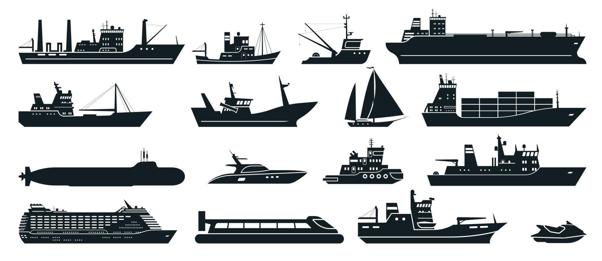navi silhouette. carico nave con spedizione contenitori, turista crociera nave, commerciale pesca nave, yacht. acqua mezzi di trasporto vettore impostato