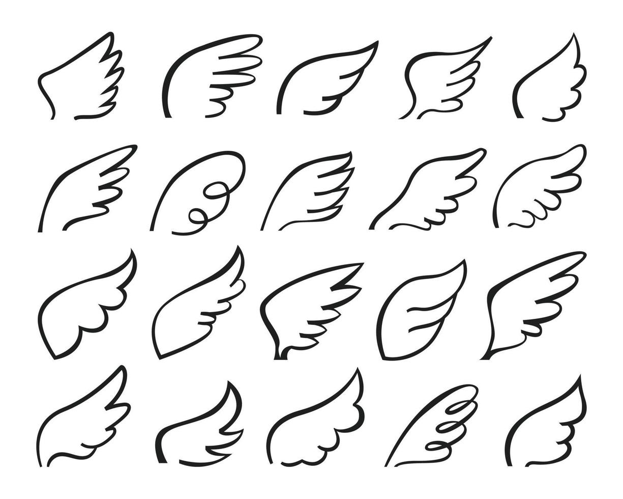 scarabocchio Ali. volante angelico ala logo, stilizzato schizzo angelo piume tatuaggio schema disegno. mano disegnato uccello ala scarabocchi vettore impostato