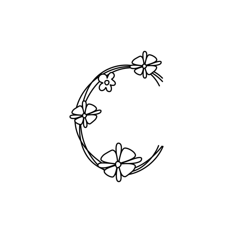 primavera del logo della lettera c in grassetto floreale vintage. vettori di design classico con lettere estive con colore nero e fiori disegnati a mano con fiori di linea monoline
