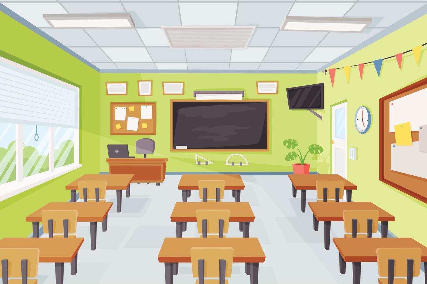 cartone animato vuoto scuola aula interno con banchi e lavagna. elementare classe con mobilia insegnante tavolo, lavagna vettore illustrazione