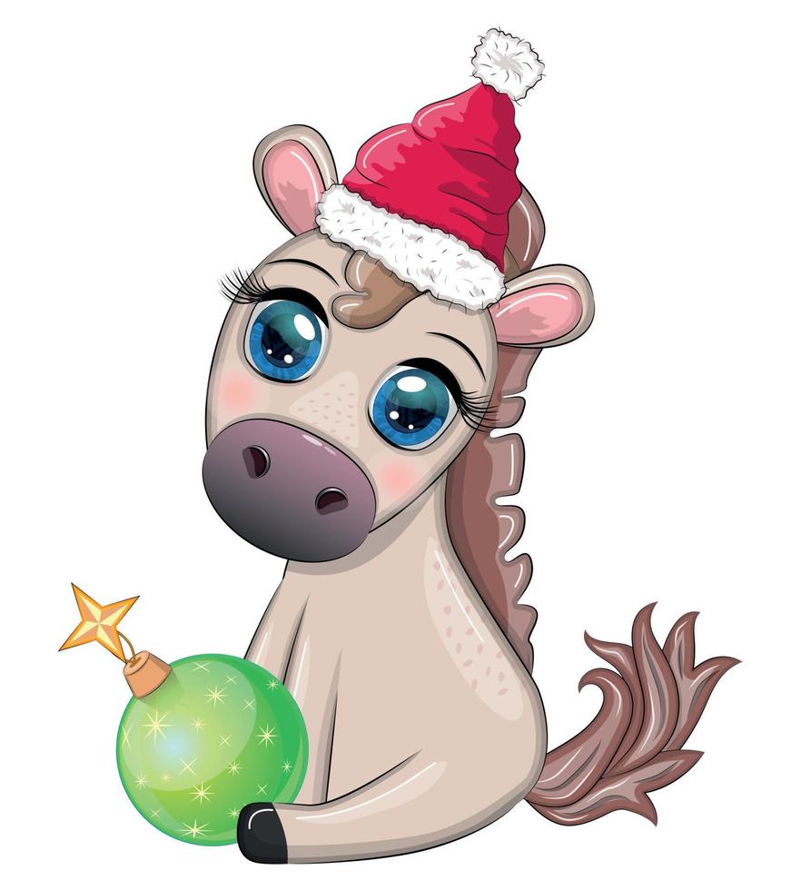 carino cavallo, pony nel Babbo Natale cappello con caramella Kane, Natale sfera, regalo, ghiaccio pattinando. inverno, Natale vettore