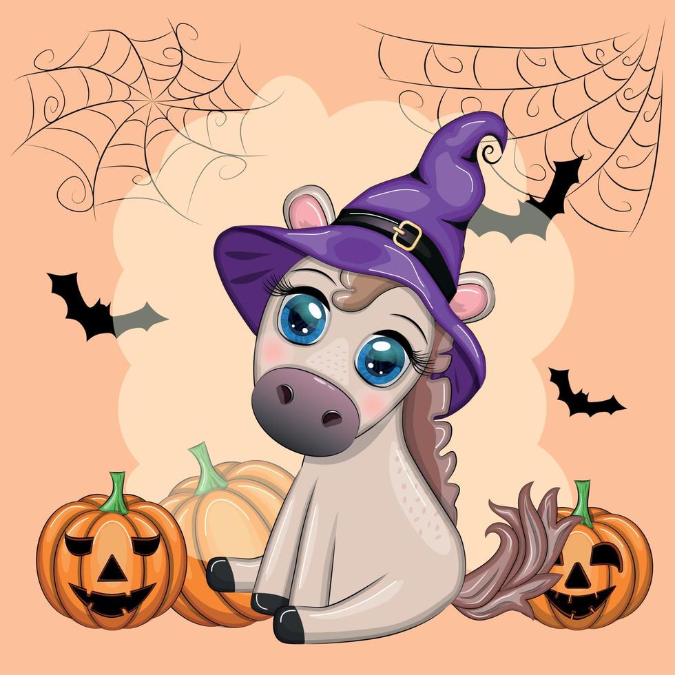 carino cavallo, pony nel un' viola strega cappello, con un' scopa, zucca, pozione. Halloween carta per il vacanza vettore