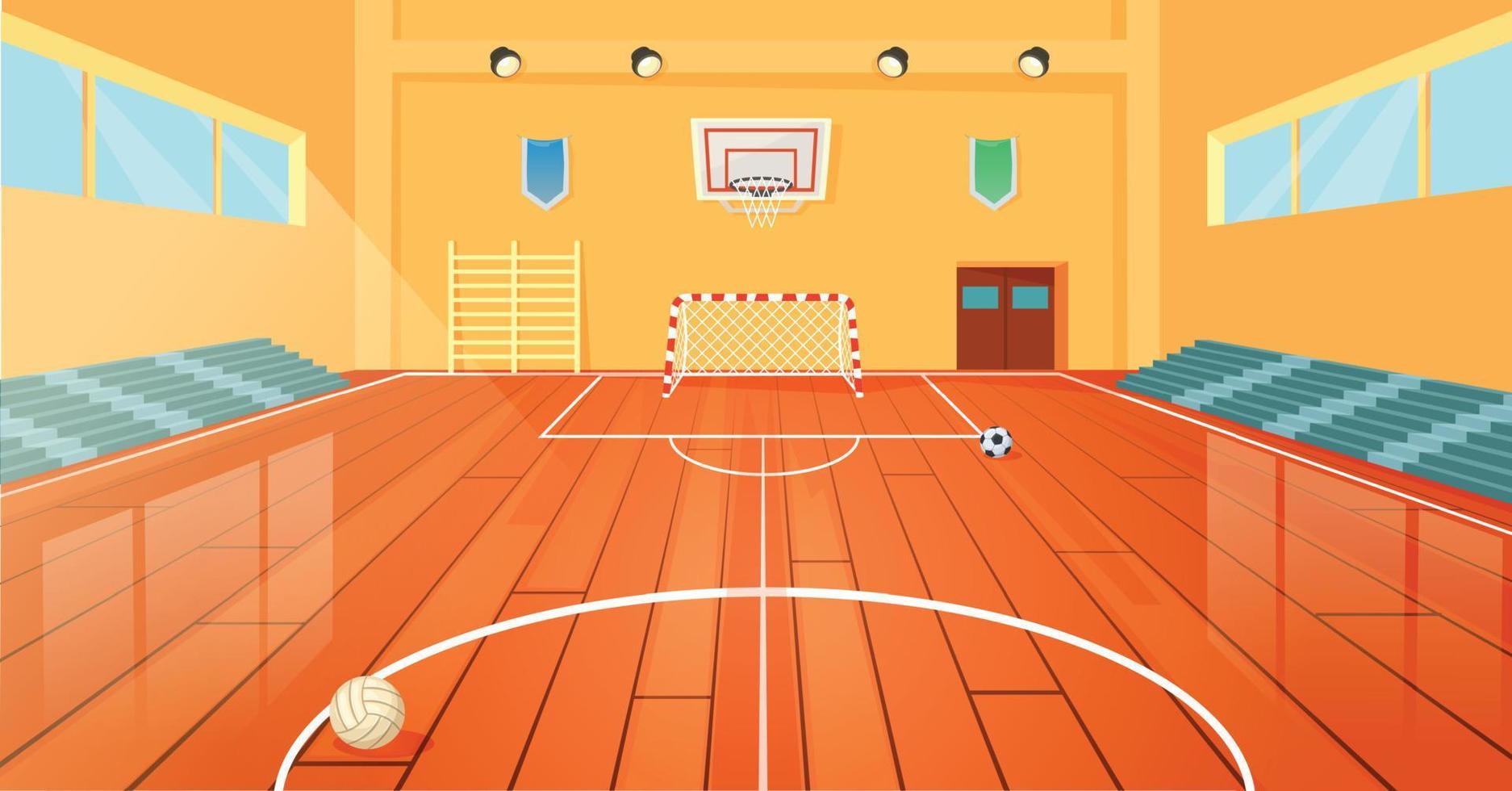 cartone animato scuola pallacanestro palestra, interno gli sport Tribunale. vuoto Università palestra con pallacanestro cerchio e sport attrezzatura vettore illustrazione