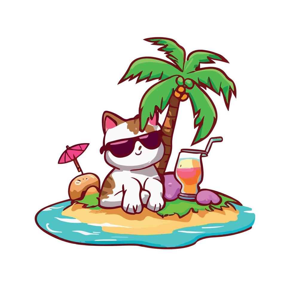 carino gatto godere estate prendere il sole su un' piccolo isola sotto Noce di cocco albero mentre potabile ghiacciato succo vettore