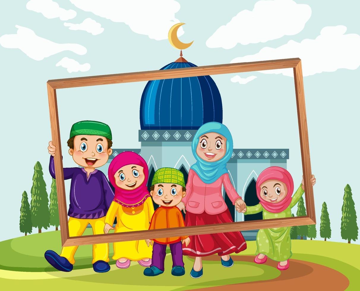 famiglia felice che tiene cornice per foto con moschea sullo sfondo vettore
