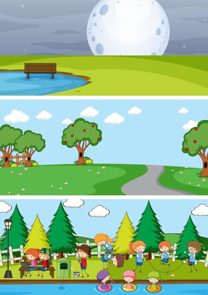 set di diverse scene di sfondo orizzonte con personaggio dei cartoni animati di doodle kids vettore