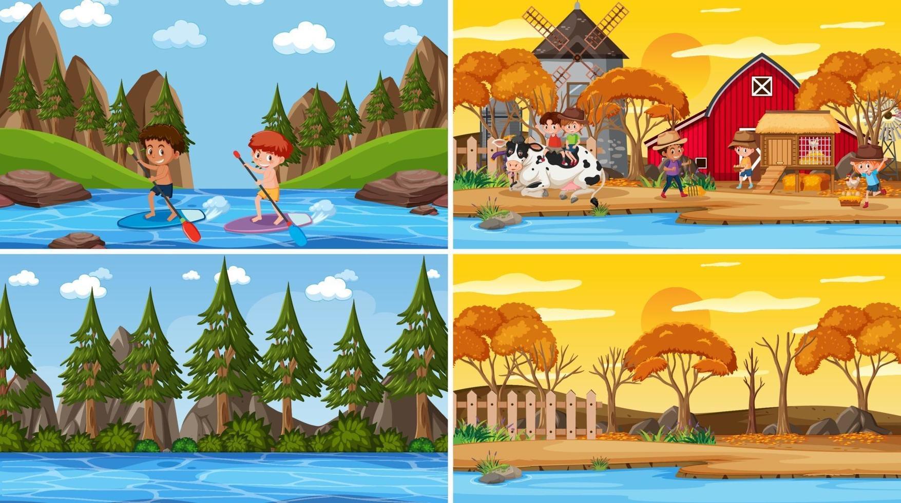 set di scene di natura diversa in stile cartone animato vettore