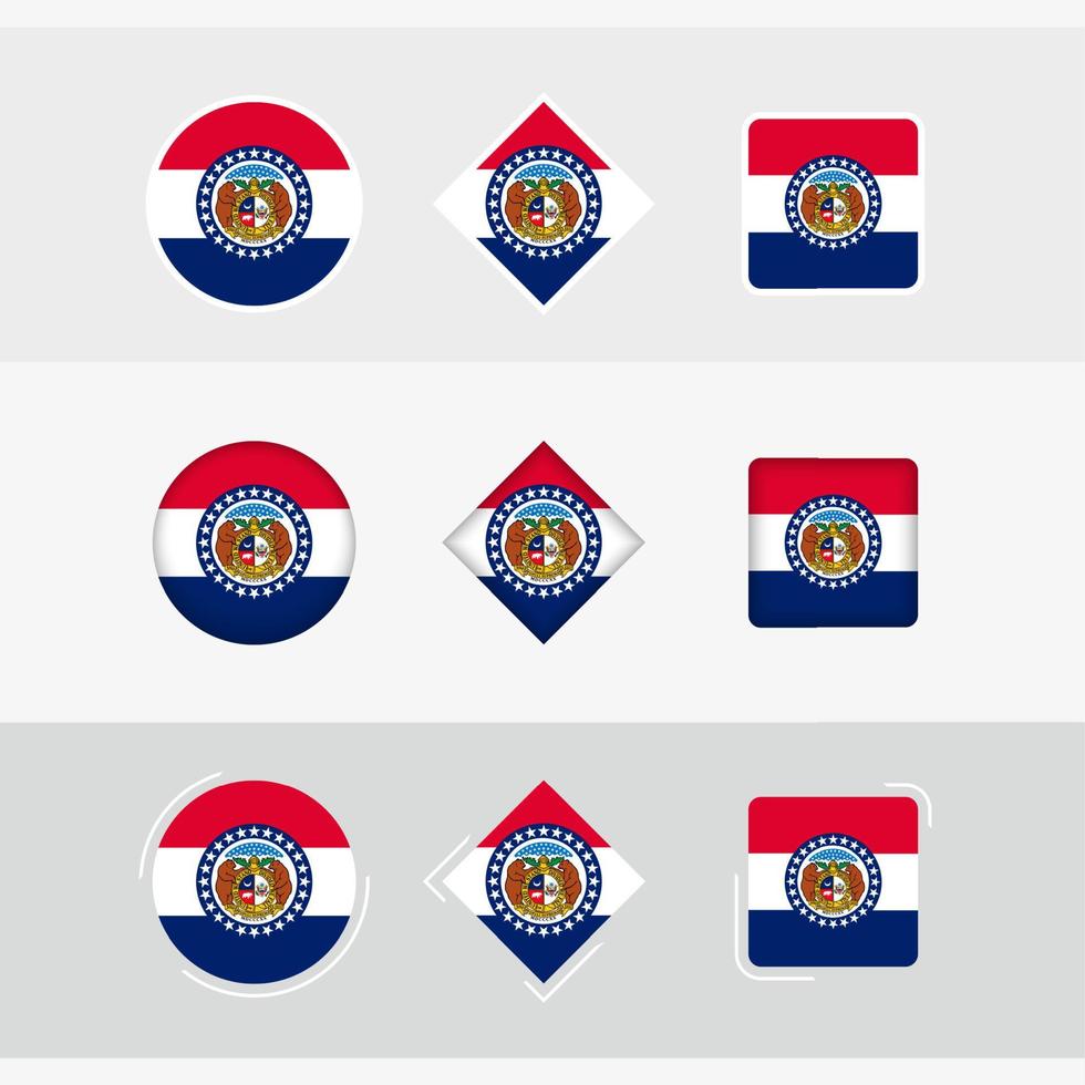 Missouri bandiera icone impostare, vettore bandiera di Missouri.
