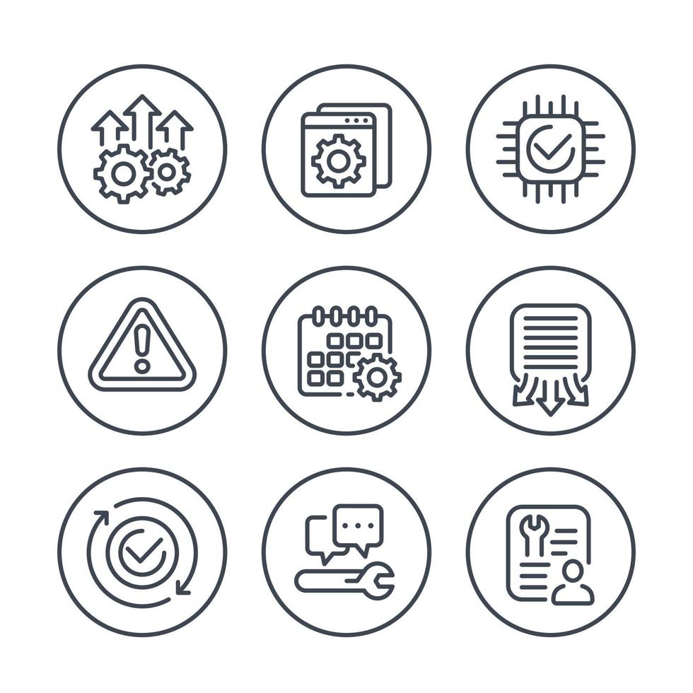 set di icone di linea di sviluppo, hardware, servizio e protocolli vettore