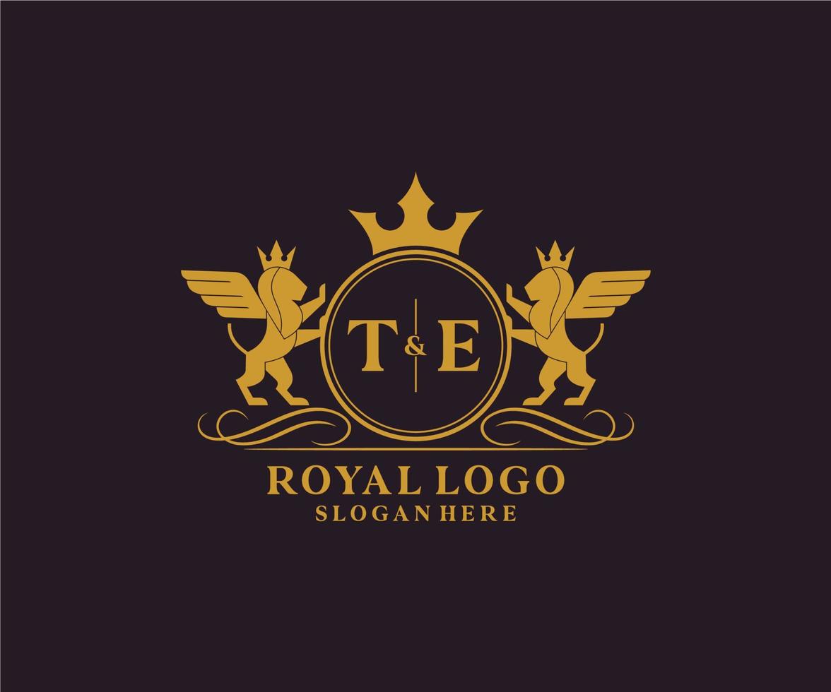 iniziale TE lettera Leone reale lusso stemma araldico logo modello nel vettore arte per ristorante, regalità, boutique, bar, Hotel, araldico, gioielleria, moda e altro vettore illustrazione.