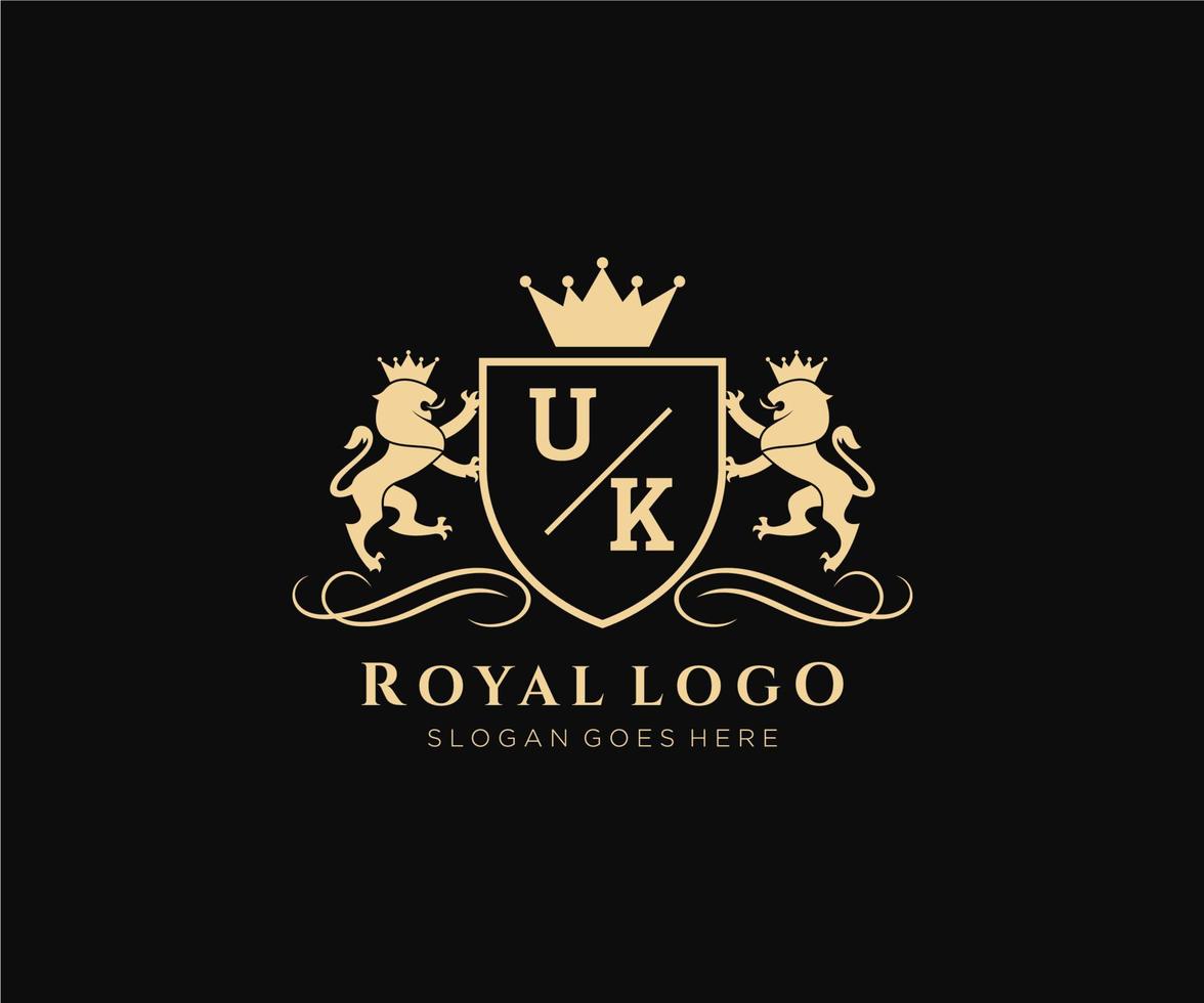 iniziale UK lettera Leone reale lusso stemma araldico logo modello nel vettore arte per ristorante, regalità, boutique, bar, Hotel, araldico, gioielleria, moda e altro vettore illustrazione.