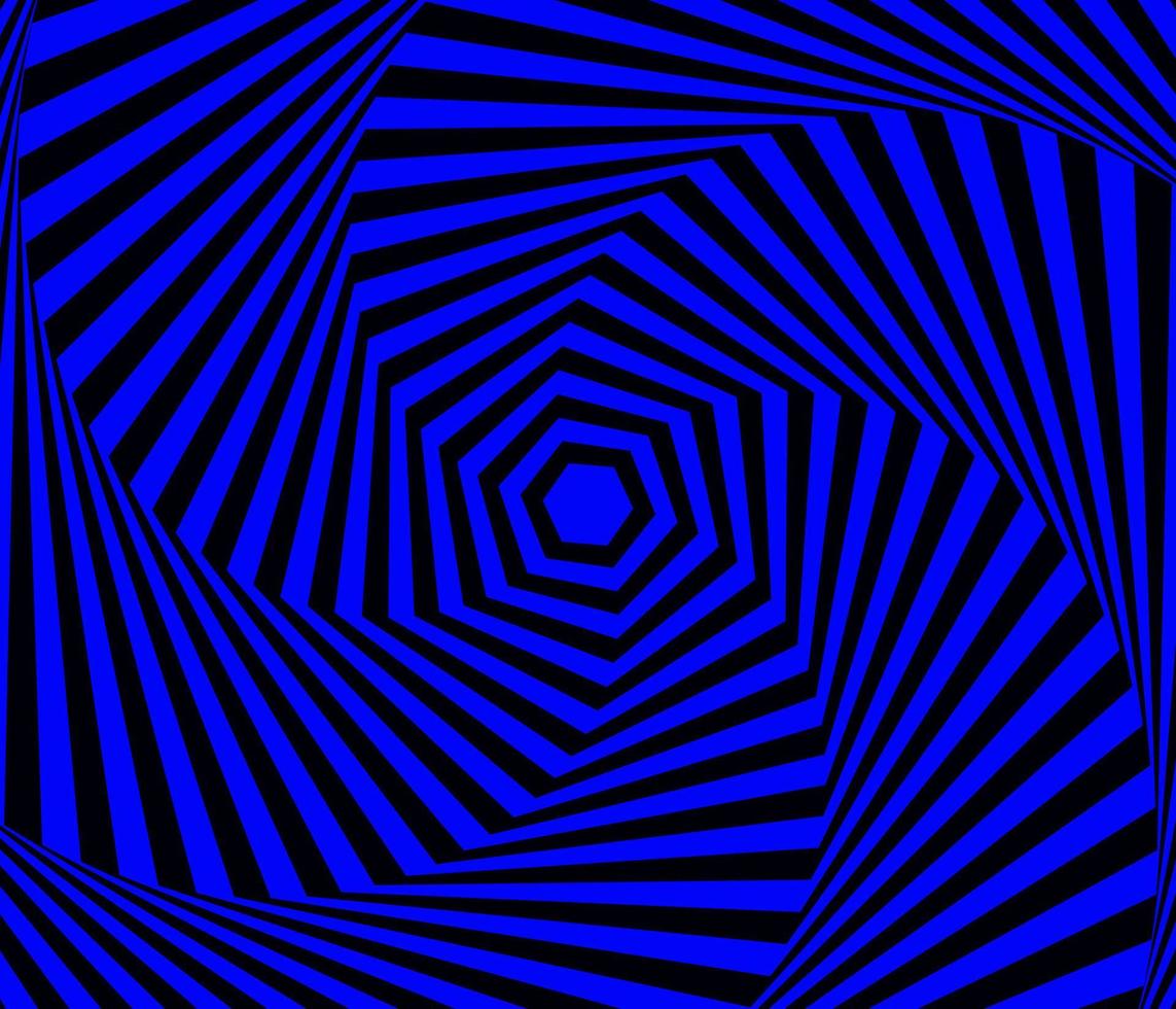 ipnotico nero e blu esagonale ottico illusione ondulato Linee distorsione spirale vettore. 3d operazione arte increspato effetto a strisce onda esagono turbine retrò sfondo. vettore