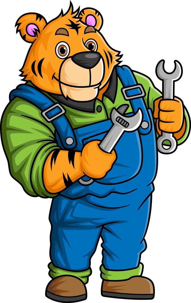 il personaggio di un' grande tigre indossare un' meccanico uniforme costume Lavorando come un' professionale meccanico è in posa con un' chiave inglese vettore