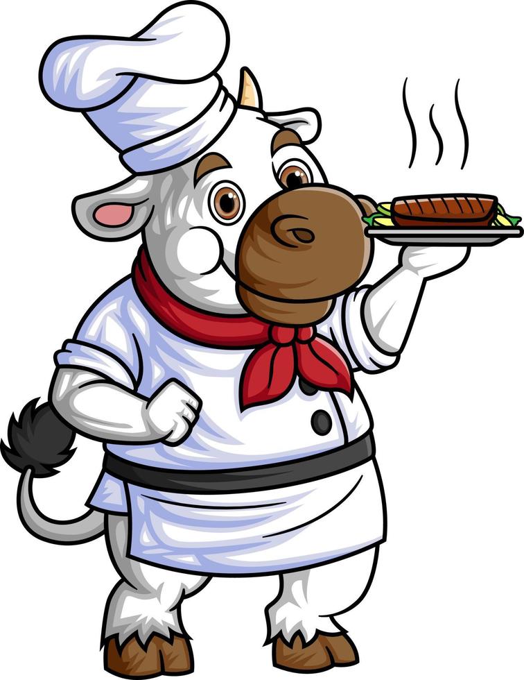 un' carino cartone animato mucca sorridente, indossare un' dello chef attrezzatura vettore
