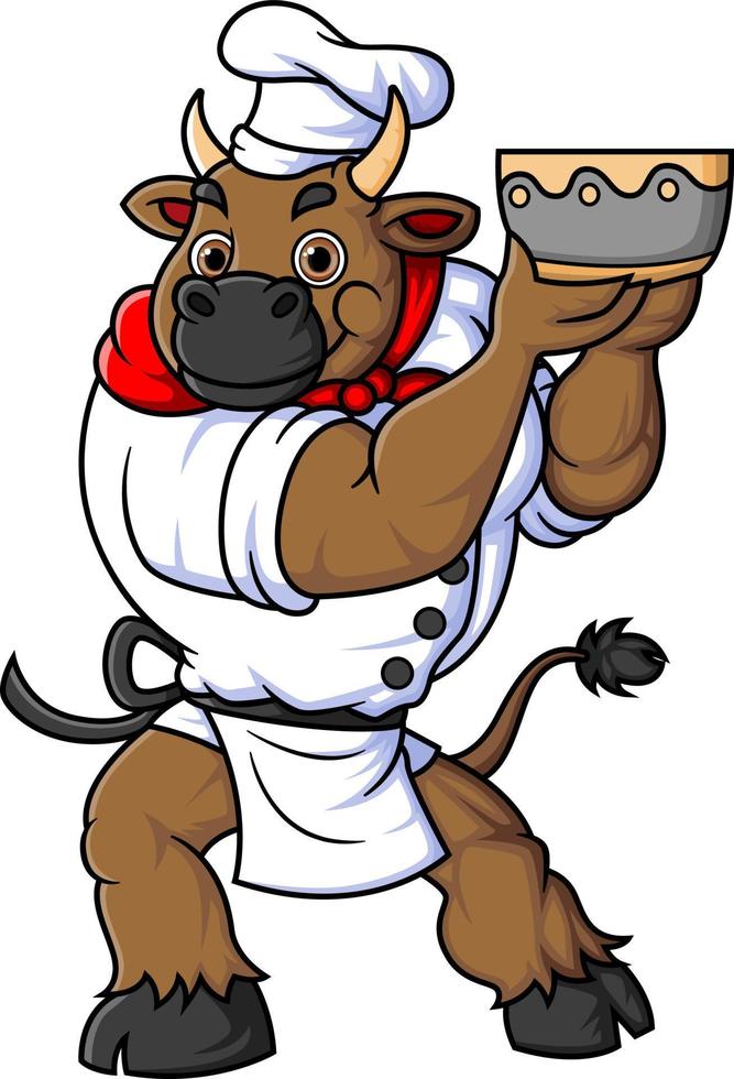 personaggio un' grande Toro Lavorando come un' professionale capocuoco indossare un' uniforme in posa con un' ciotola di la minestra vettore