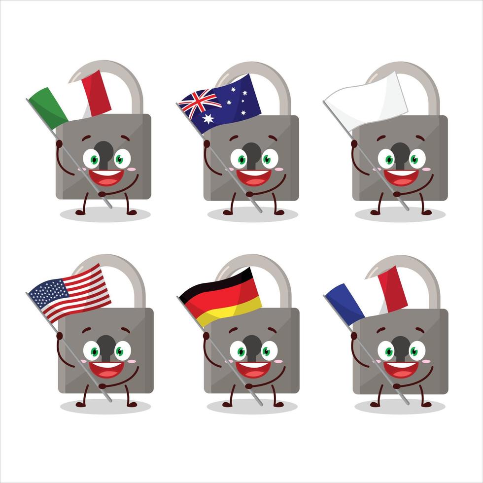 serratura cartone animato personaggio portare il bandiere di vario paesi vettore