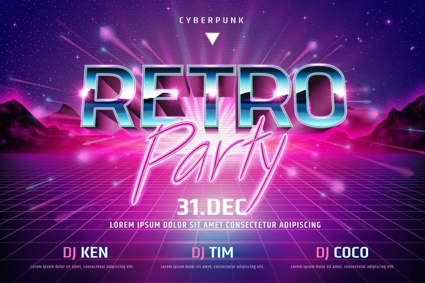 cyberpunk retrò festa con luccicante virtuale sfondo vettore